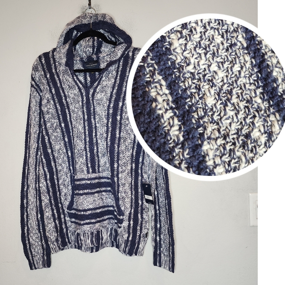NWT Lucky Brand Baja Stripe Hoodie Blue White Stretch Knit Mens Size Large